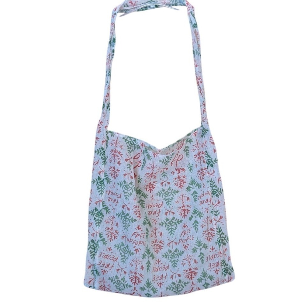 Free People Reusable Tote Bag White Green Red Snowflake Print Small Christmas